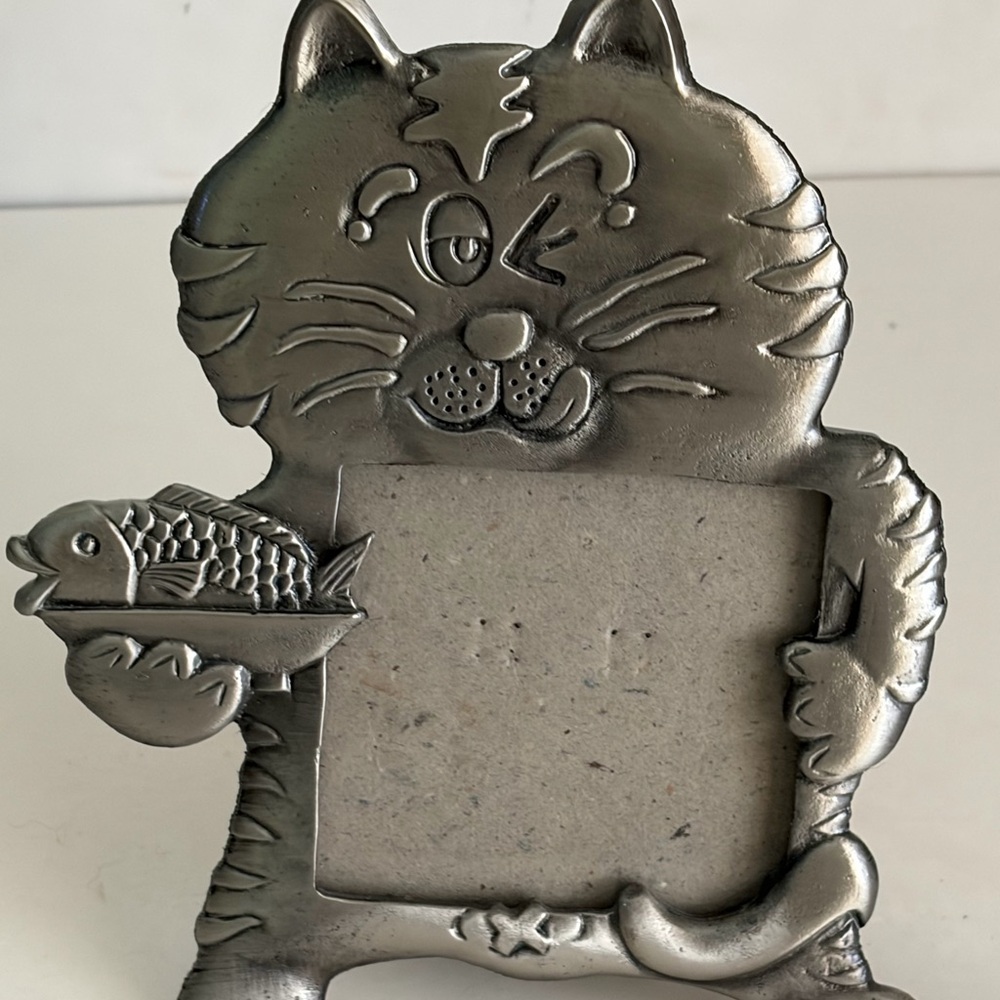 Pewter Standing Cat with Fish 3x3 Photo Pet Picture Frame